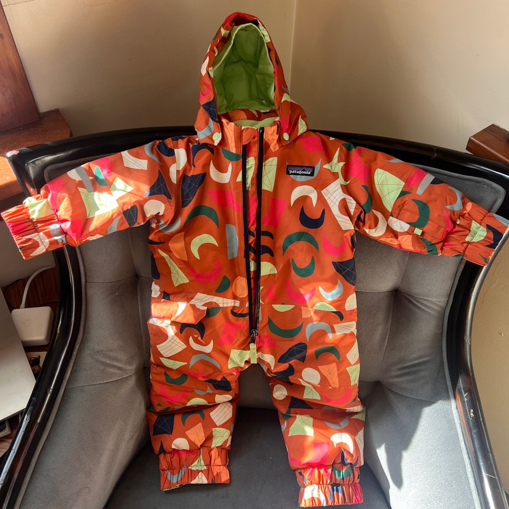 Patagonia Orange and Green Hooded Snowsuit